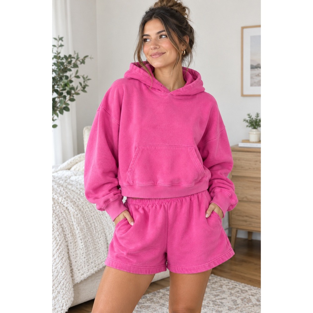 Gap Women Hot Pink Fleece Lounge Set Cropped Hoodie XL and Sweat Shorts M